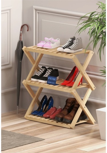 Ayakkabılık Katlanabilir 3 Katlı Ahşap Ayakkabılık - 50x50x25 Cm Şık & Pratik Tasarım Bej