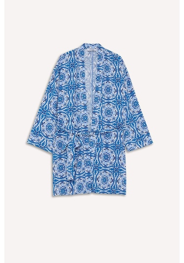 Defacto Relax Fit Bisiklet Yaka Desenli Viskon Kimono E7262ax25smbe43 Mavi