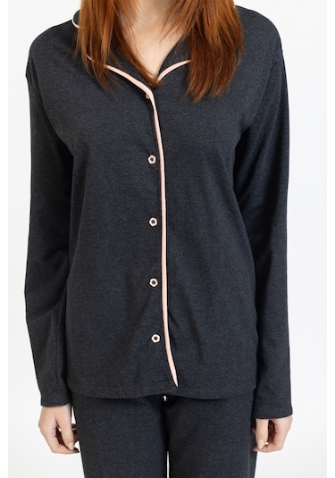 Tampap Gömlek Yaka Düğmeli Kadın Pijama Takımı 3010 Füme