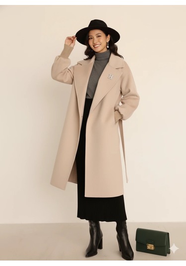 Kadın Siyah Kaşe Uzun Kaban Maksi Boy Palto Geniş Yakalı Düz Kesim Kışlık Bej