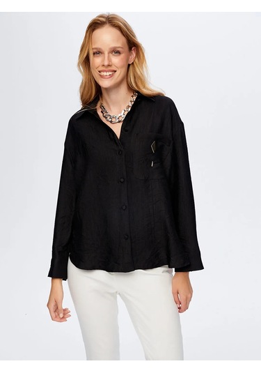 Faik Sönmez Metal Aksesuarlı Kendinden Dokulu Kadın Gömlek W26gml016 Siyah