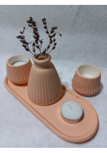 Pampas Vazolu Tabaklı İkili Tealight Mumluk Set Random Çok Renkli