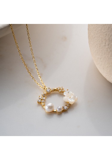 925 Ayar Gümüş Sedef Taşlı İncili Kolye Gold