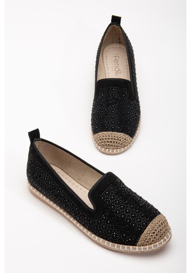 Suins Lujo Model Siyah&ten Taş İşlemeli Kadın Babet Ayakkabı Siyah