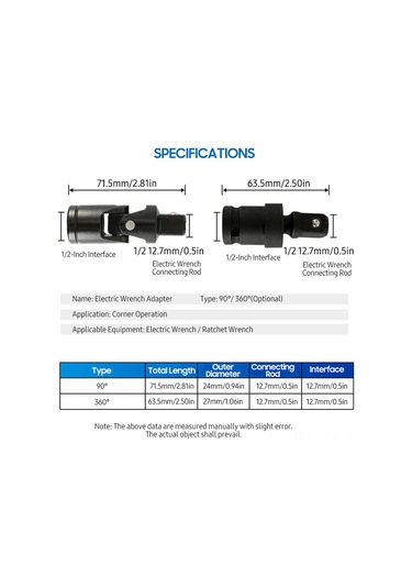 Geeksen 1/2 İnç Elektrikli Somun Kalemi Adaptörü 360 Dönüşlü Karbon Çelik Açık Açı Uygun