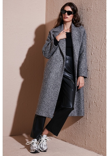 Lela Oversize Fit Mono Yaka Düğmeli Buklet Uzun Kaşe Bayan Kaban 6810236 Antrasit