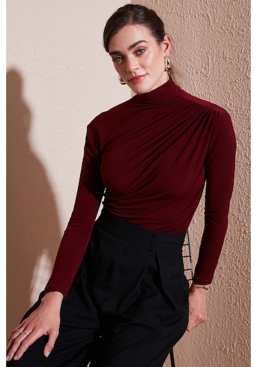 Lela Streç Büzgü Detaylı Slim Fit Dik Yaka Bayan Bluz 669925 Bordo