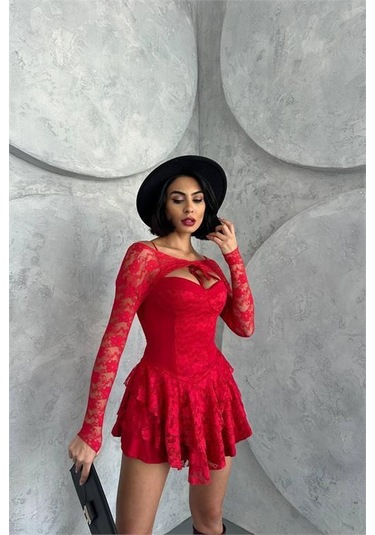 Kadın Bolero Detaylı Güpür Prenses Elbise Dpnbdf107 Kırmızı