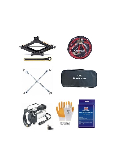 7 Parça Set Trafik Seti+kriko+bijon+takviye Kablosu+kompresör+kaza Tutanağı+eldiven