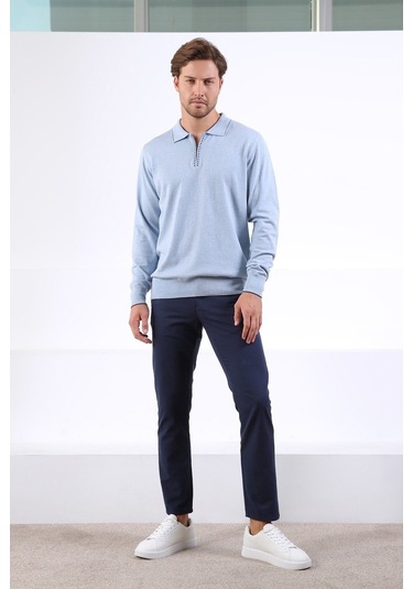 Ferraro Cristello Polo Yaka Fermuarlı Erkek Pamuk Kazak Açık Mavi