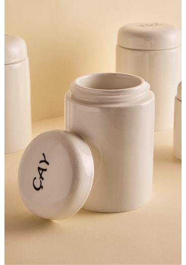 Heybeli 7'li Porselen Kapaklı Yuvarlak Formlu Ergonomik Erzak Baharatlık Seti Beyaz Beyaz