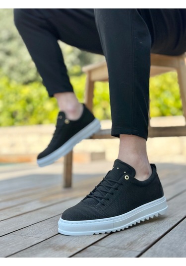 Pabucmarketi Bağcıklı Erkek Ayakkabı Siyah Beyaz Taban Renkli