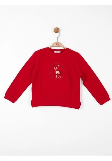 Kız Çocuk Parlak Geyik Baskılı Sweatshirt-13487 Kırmızı