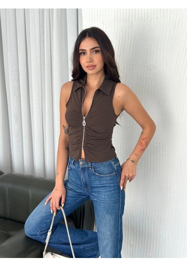Yakalı Tam Fermuarlı Kolsuz Bluz - Kahverengi Siyah