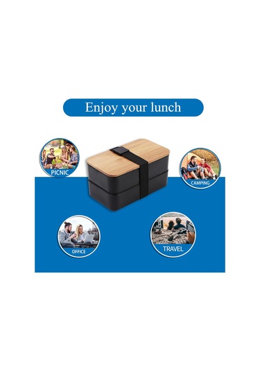 Aubyhe Japon Stili Çift Katlı Bambu Kapaklı Mutfak Kutusu, Mikrodalga Uyumlu, Yemekleri Ayırır, Öğrencilere Ve İşçilere Uygun, Sağlıklı Pp Malzeme - Siyah Isı Saklama Çantası Hariç Siyah