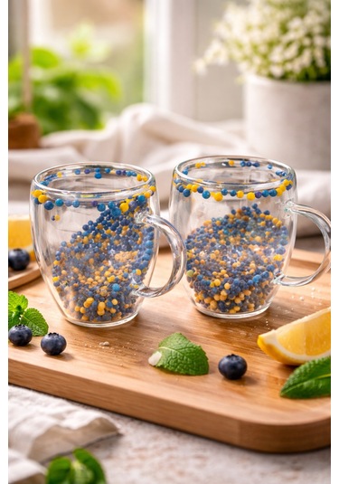 Makri Home 2 Adet Taraftar Kupa Sarı Lacivert, 350 Ml Cidarlı Cam Taraftar Bardak Çok Renkli