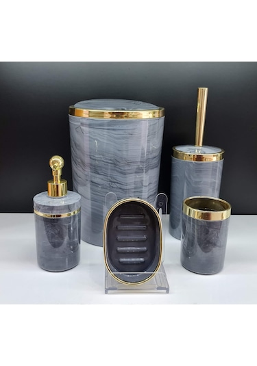 Akrilik Yuvarlak Banyo Seti Antrasit Gri Mermer Gold Kromaj 5'Li Gri