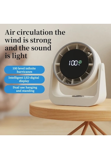 Xuweiwei Beyaz Gümüş Sessiz 100 Seviyeli Sonsuz Tornado Masa Fanı 4000mah Şarj Edilebilir Pil Usb Şarj Akıllı Dijital Ekran Ev Ofis Kamp