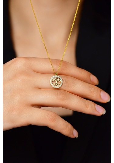 Erdobia Zirkon Taşlı Gold Yaşam Ağacı Gümüş Kolye N10106