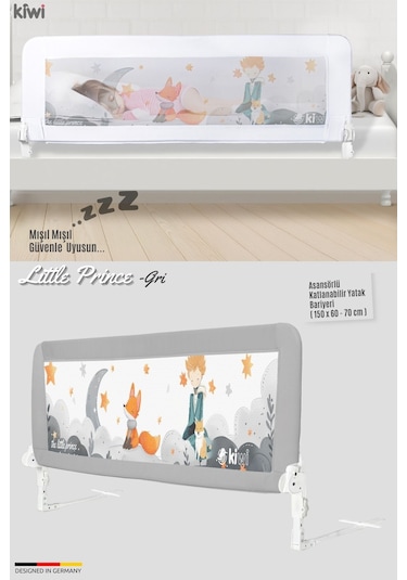 Kiwi Bed Guard Asansörlü, Gri, Küçük Prens Desenli Çocuk Yatağı Korumalığı 150x60-70 Cm