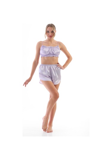 Lila Saten Omuz Bağlamalı Kadın Askılı Pijama Takımı Mor