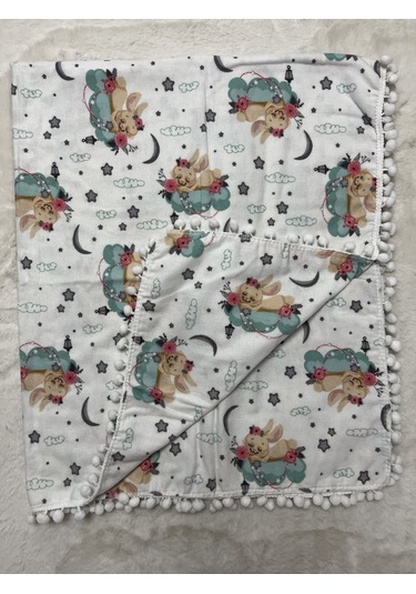 Yeşil Bulut Üstüne Uyuyan Tavşan Ponponlu Çift Kat Pazen Örtü 100 120cm Ekru