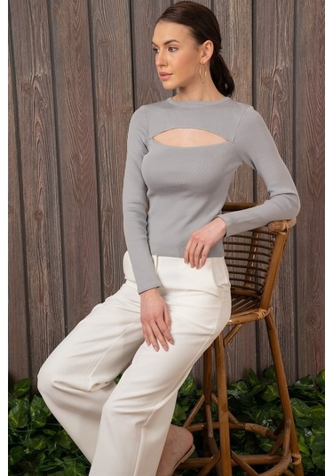 Kadın Degajeli Uzun Kollu Gri Bluz-Gri