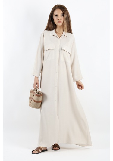 Prive Kadın Plain Bej %100 Viskon Maksi Boy Cepli Yazlık Uzun Elbise Bej