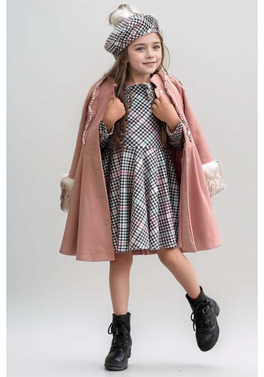 Riccotarz Kız Çocuk Kazayağı Desen Elbise Kolları Peluş Ve Omuzları İnci İşleme Kemerli Pembe Kaşe Kaban Pembe