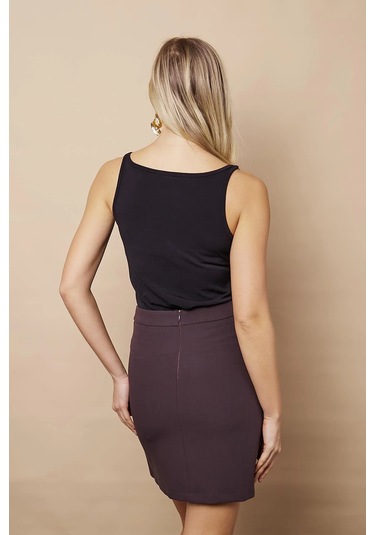 Kadın Hafif Likralı Kumaş Yüksek Bel Anvelop Kruvaze Hafif Mini Kalem Etek-kahve Kahve