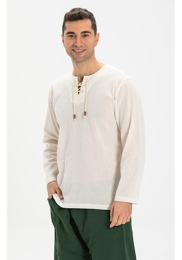 Uzun Kol Şile Bezi Zımbalı Erkek Tshirt Krem 3002