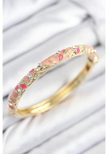 Mineli Pirinç Zirkon Taşlı Pembe Çiçek Motifli Gold Kadın Kelepçe - Tj-bb7818 Gümüş
