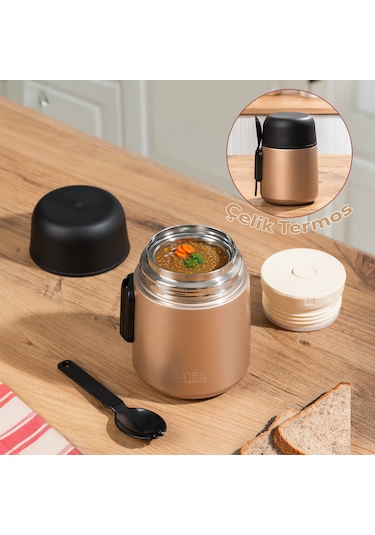 Porsima Paslanmaz Çelik Vakumlu Yemek Termosu Beslenme Kutusu Taşınabilir Lunch Box Sefer Tası Bronz 600 Ml Bronz