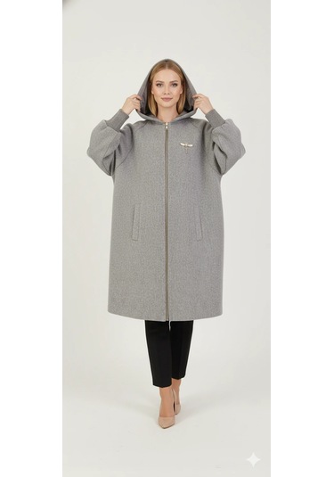 Kadın Gri Kapüşonlu Balon Kol Fermuarlı Kaban Oversize Midi Boy Kışlık Kaşe Mont Gri