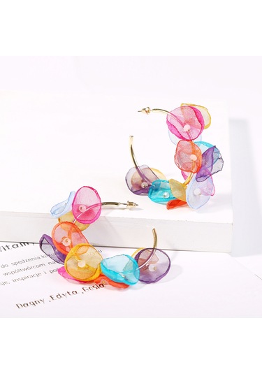 Kadınlar İçin Çiçek Kumaş Küpeler, Renkli Taze Daire Uzun Püskül Çok Renkli