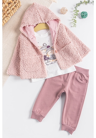 Kapüşonlu Hırkalı 3'lü Kız Bebek Takım 001