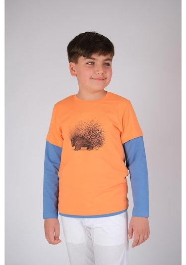 Uzun Kol Pamuklu Tişört Turuncu Mavi Punky Animals 2022-B-0006