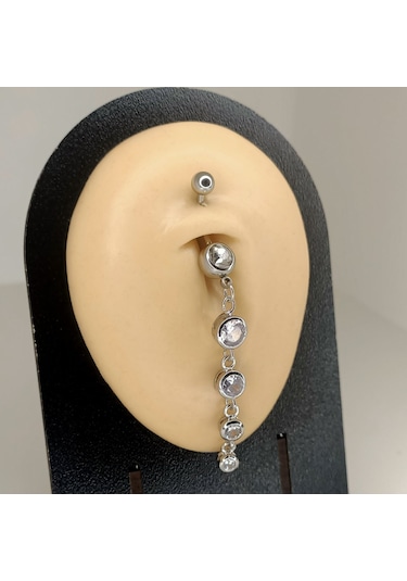 Aya Tasarım Gümüş Renk Beş Taşlı Model Göbek Piercing Gümüş
