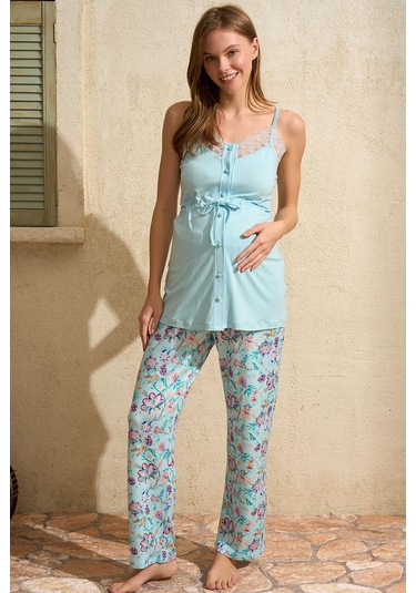 İp Askılı V Yaka Kadın Çiçek Desenli Yazlık Dantel Detaylı Hamile Pijama Takımı Sabahlık