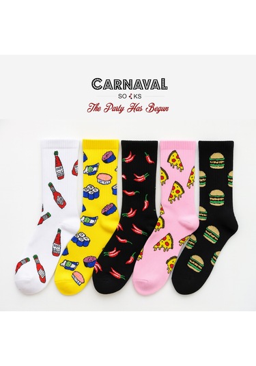 5'li Fast Food Desenli Fitilli Kutulu Çorap Seti Beyaz-sarı-siyah-pembe