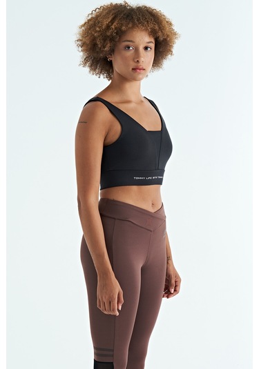 Tommy Life Siyah Yazı Baskılı Renk Bloklu Dar Kalıp Dalgıç Kumaş Kadın Büstiyer - 97271 Siyah