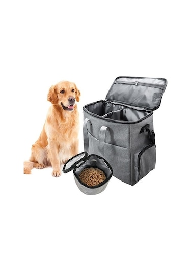 Pazly Skycity Hayvan Çantası - Köpek/kedi Seyahat Seti, 2'li Yemek Kabı + Çok Cepli Gri Gri Gri