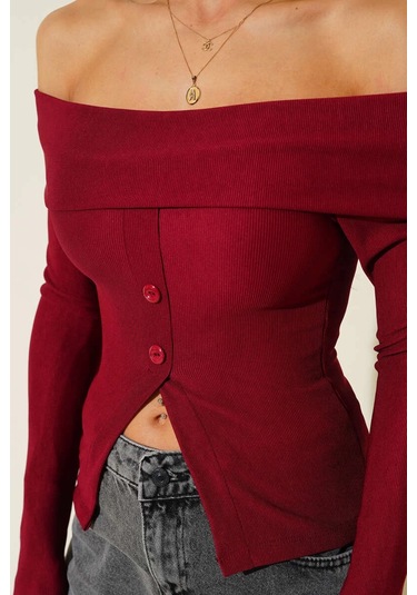 Madonna Yaka Düğmeli Bluz Bordo T4329 Bordo