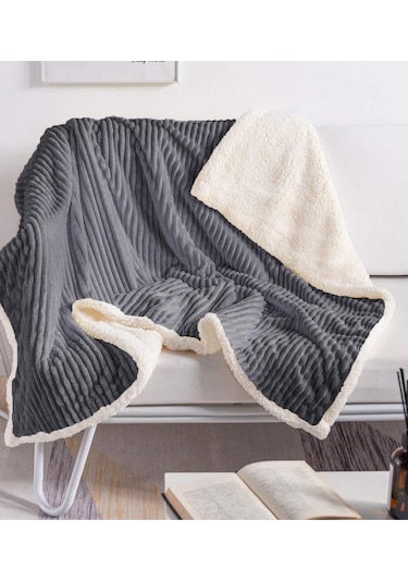 Sherpa Battaniye Çift Kişilik Çizgili Yumuşak Peluş Wellsoft Yatak Örtüsü Antrasit
