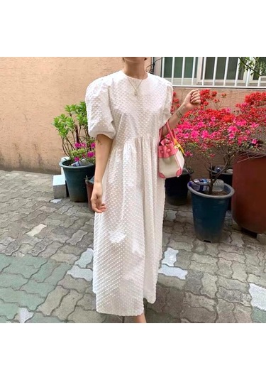 Kadın Uzun Elbise Yaz Rahat O-boyun Puf Kollu Büyük Boy Noktalar Zarif Kadın Elbisesi Bayanlar Gevşek Vestidos Femme Sarı