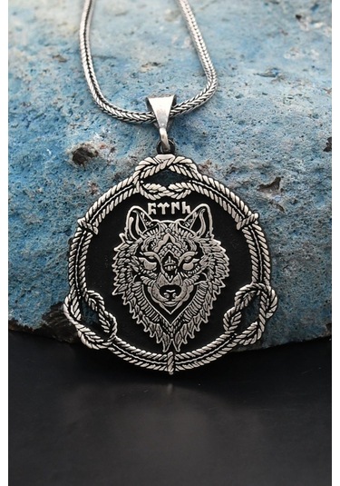 Prestij Gümüş Bozkurt Göktürkçe Türk Yazılı 925 Ayar Erkek Gümüş Kolye Zincir