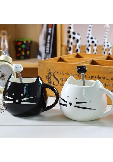 Seramik Sevimli Kedi Kupalar Kaşık Kahve Çay Süt Ile Hayvan Bardaklar Saplı 400 Ml Drinkware Güzel Hediyeler Kedi Kupa Kupa Kupa İle Kupa Siyah 07 Beyaz