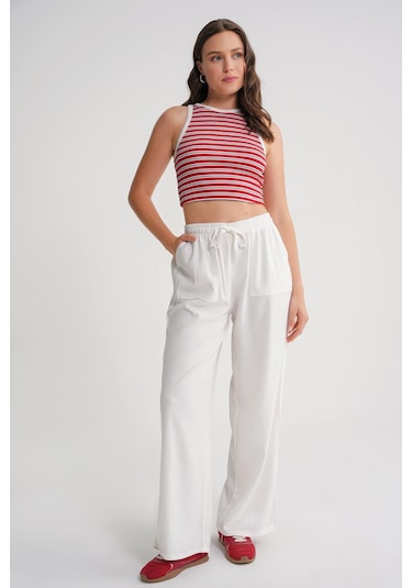 4629 Kadın Bol Paça Yüksek Bel Viskon Palazzo Pantolon Beyaz Beyaz