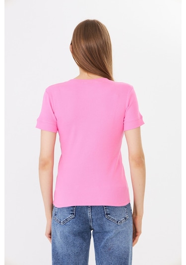 Hdm Kadın Pembe Kısa Kollu Basic Bisiklet Yaka Tişört - H6037