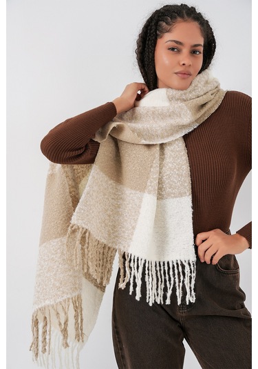 Kadın Yumuşak Dokulu Kalın Şal Atkı 15951 - Vizon Vizon